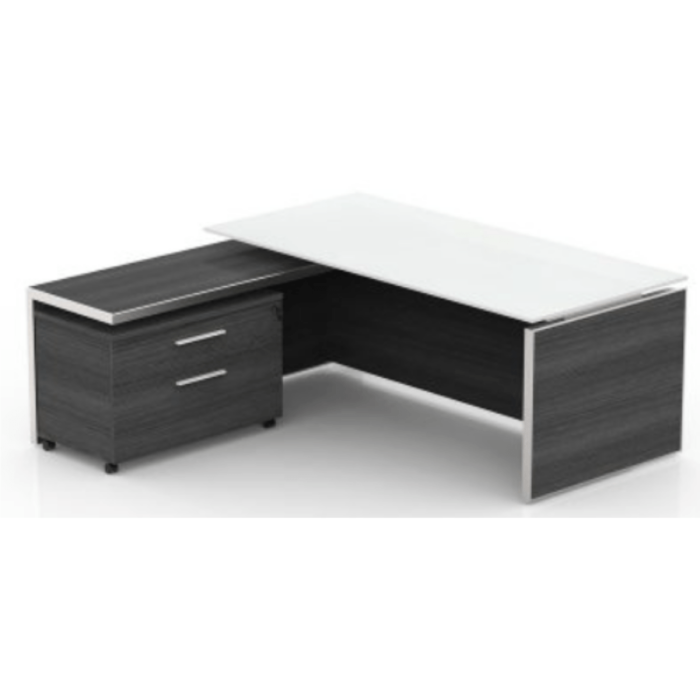 This is a picture of an OFW VL L-Shape Glass Top Executive Desk.