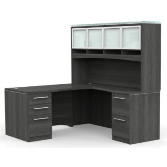 This is a picture of an OFW VL L-Shape Desk with Glass Hutch.
