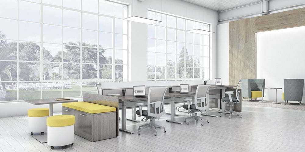 Global Evolve Power Beam Benching System with Integrated Height Adjustable Surfaces Global Vion Task Chair