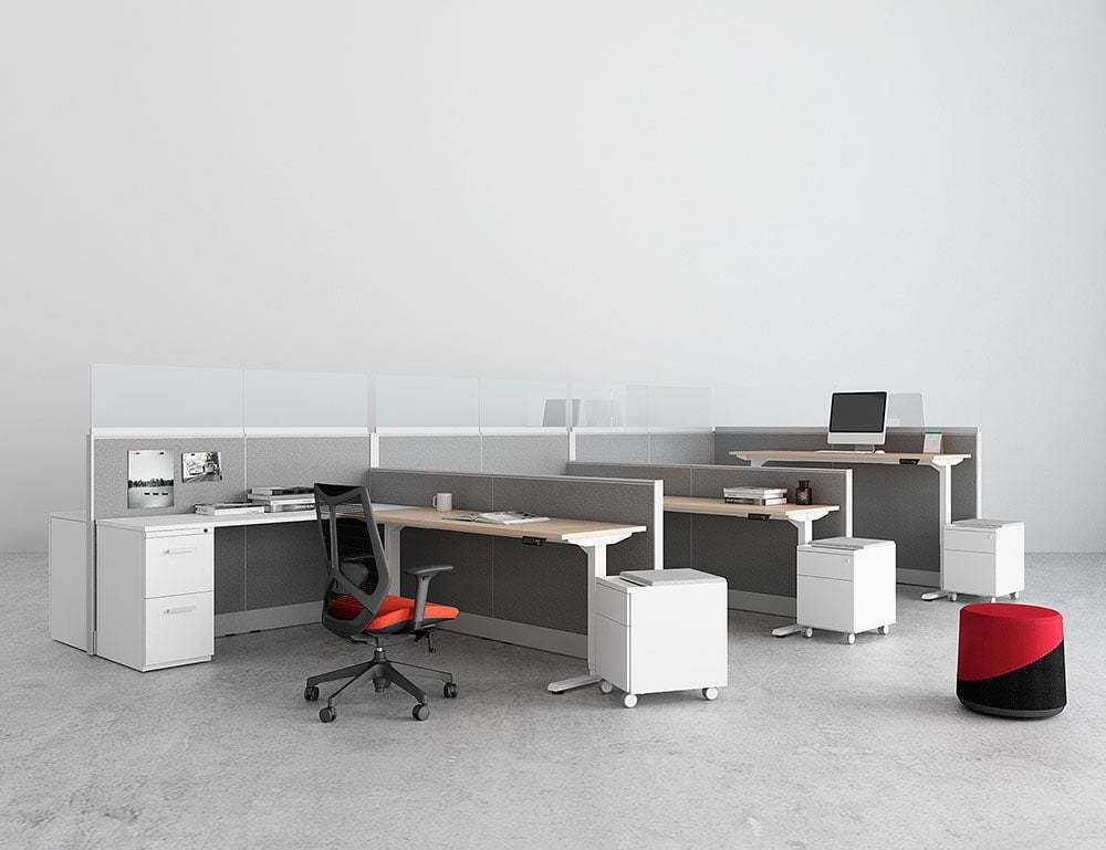 Friant Interra Panel System & My Hite Adjustable tables Friant Ignite Task Chair & Pog Stool