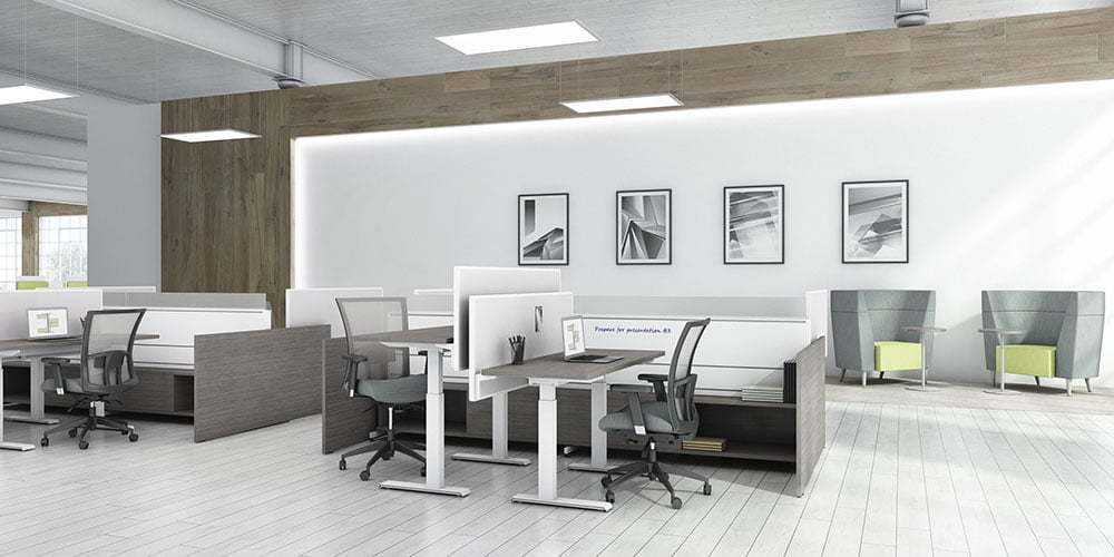 Global Evolve Panel System & Adjustable Table Vion Task Seating & River Lounge Seating